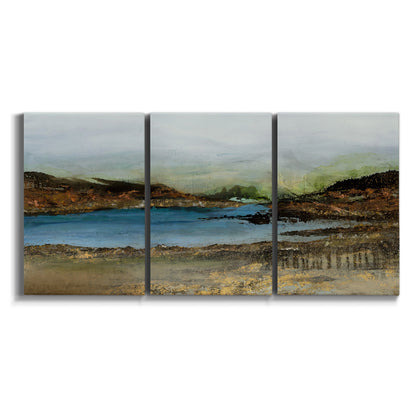 Three-panel canvas wall art featuring peaceful lakeside shoreline landscape on white background.