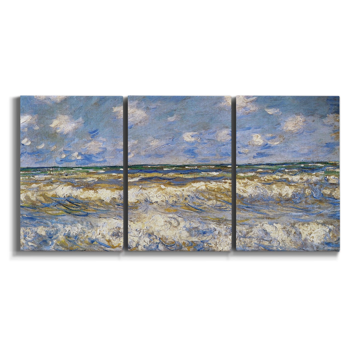 Three-panel canvas wall art featuring rough sea with crashing waves on white background.