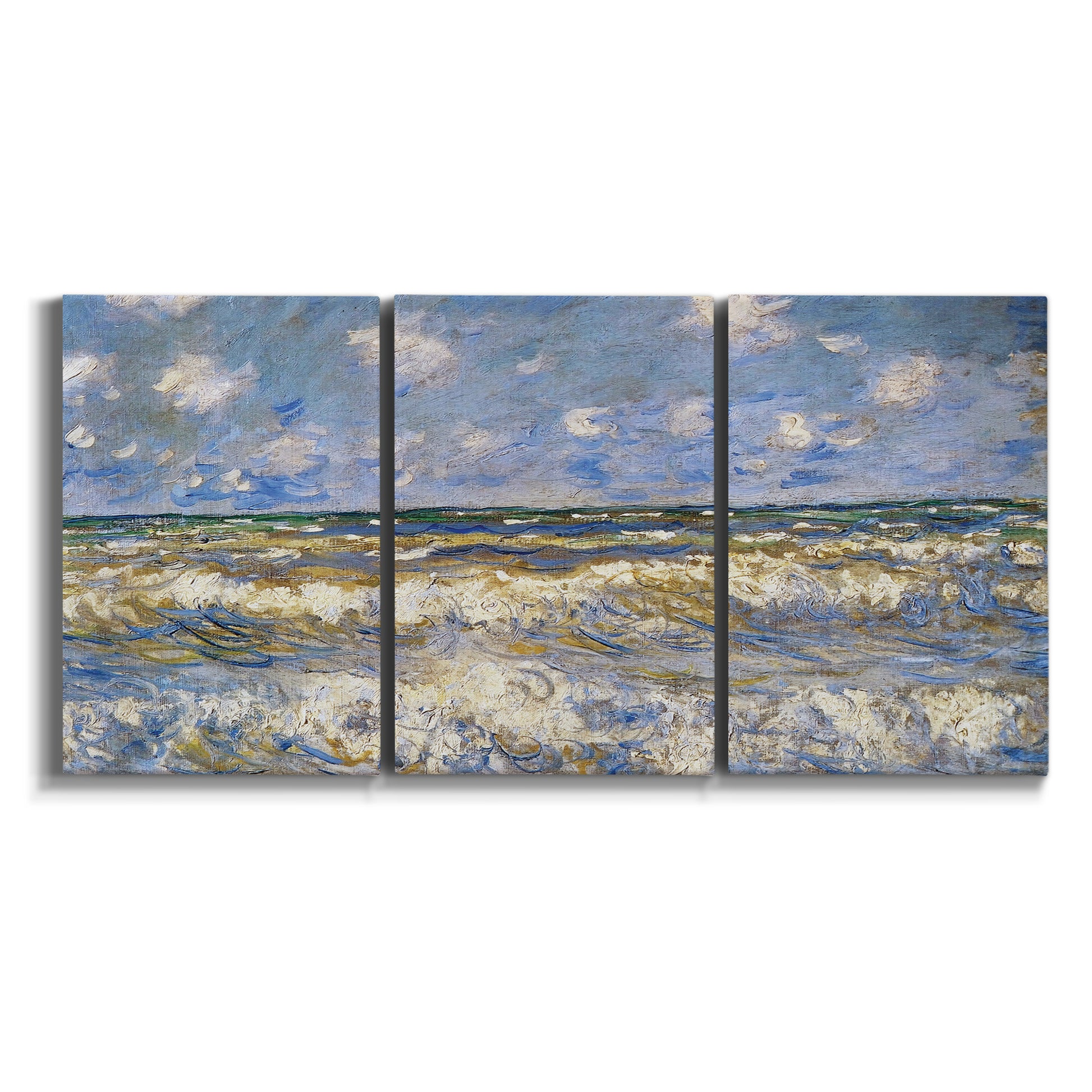 Three-panel canvas wall art featuring rough sea with crashing waves on white background.