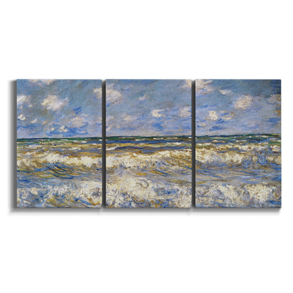 Three-panel canvas wall art featuring rough sea with crashing waves on white background.