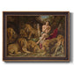 Dramatic biblical painting of Daniel with lions by Peter Paul Rubens printed on canvas in an ornate bronzed mahogany wood frame.