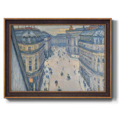 Impressionist Paris cityscape viewed from above by Gustave Caillebotte printed on canvas in an ornate bronzed mahogany wood frame.
