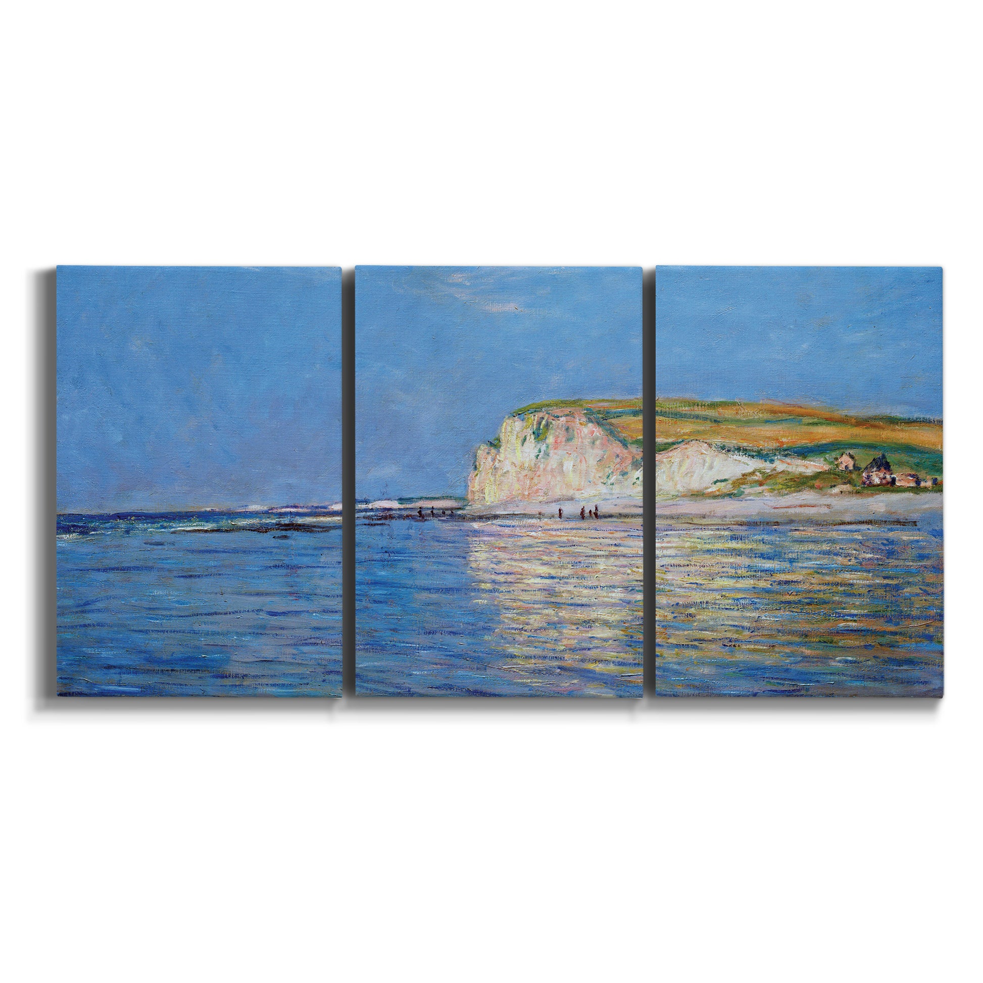 Three-panel canvas wall art featuring white cliffs rising above sea on white background.