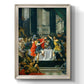 Classical historical painting of Alexander the Great by Donato Creti printed on canvas in an ornate black frame with gilded inner detail with a vertical orientation.