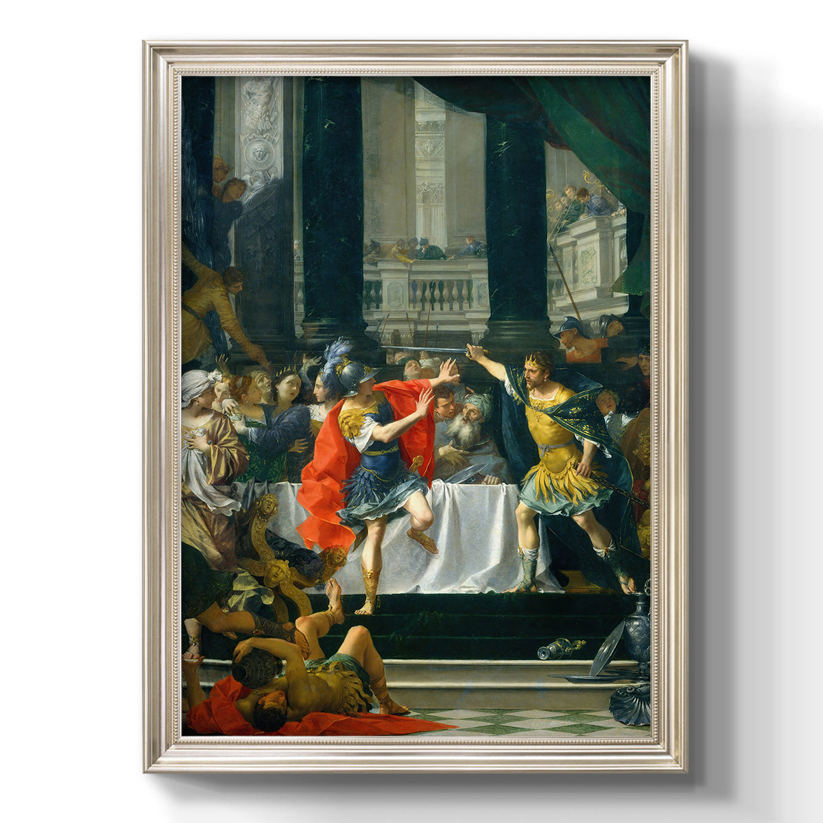 Classical historical painting of Alexander the Great by Donato Creti printed on canvas in an ornate black frame with gilded inner detail with a vertical orientation.