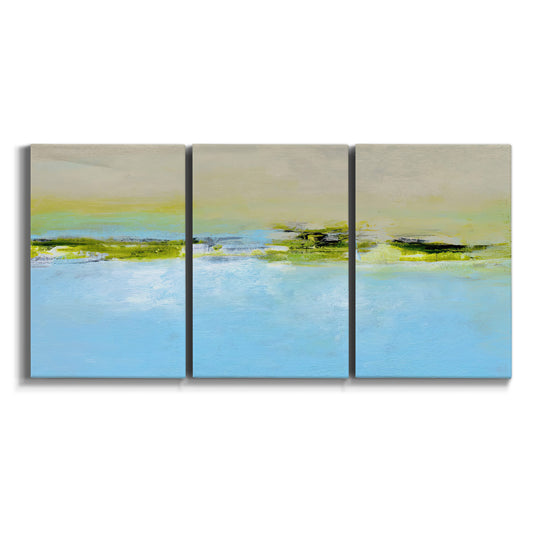 Three-panel canvas wall art featuring abstract terrace landscape view on white background.