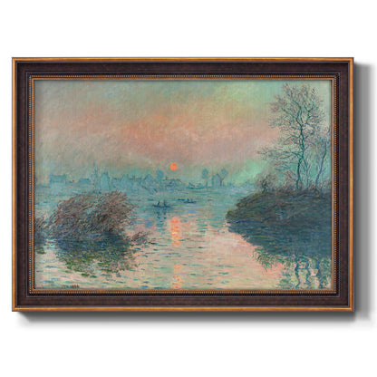 Impressionist winter river sunset scene by Claude Monet printed on canvas in an ornate bronzed mahogany wood frame.