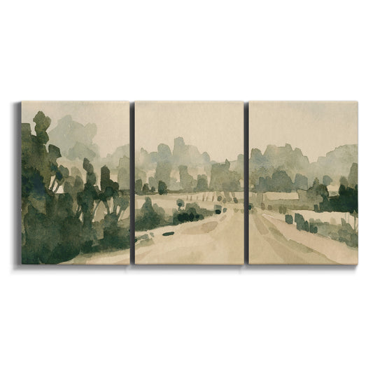 Three-panel canvas wall art featuring quiet rural road through countryside on white background.
