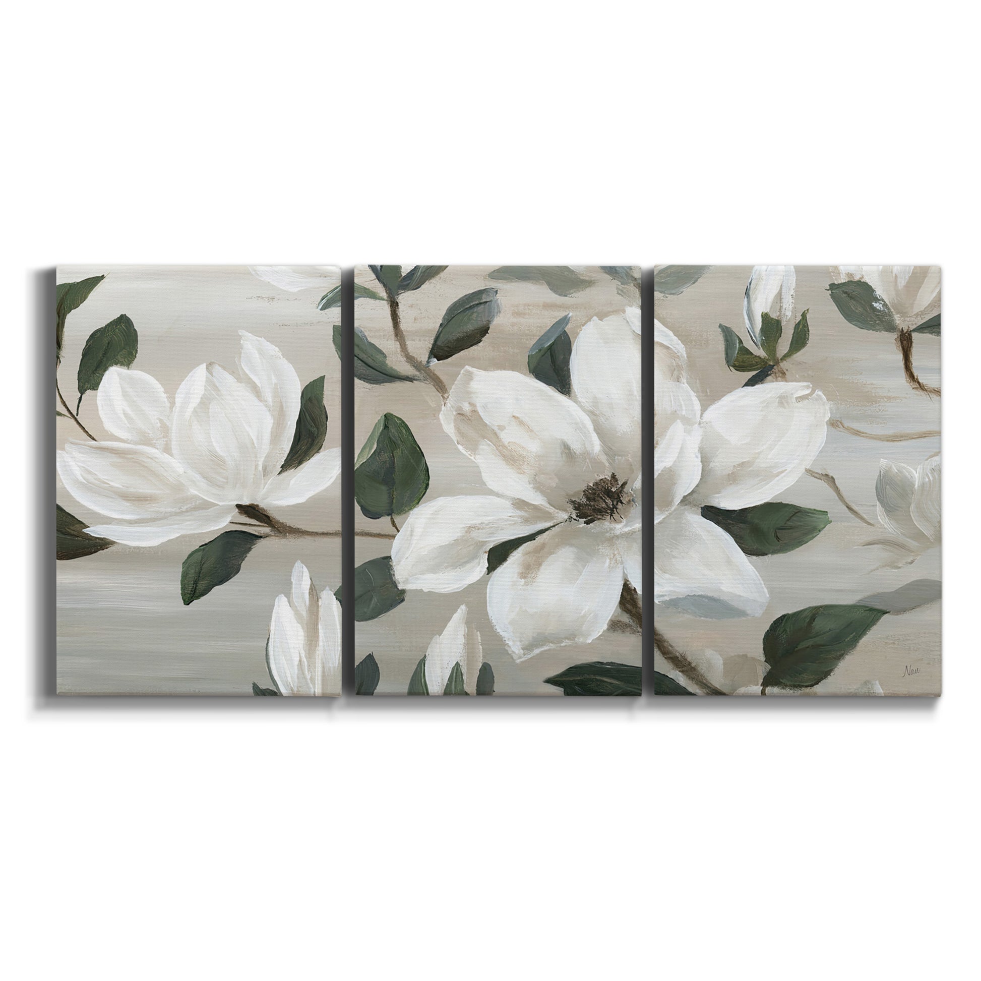 Three-panel canvas wall art featuring soft southern floral charm on white background.
