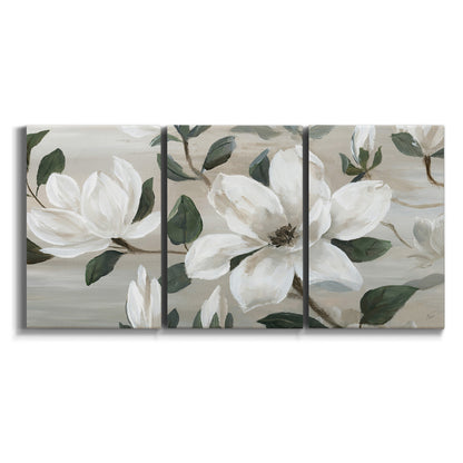 Three-panel canvas wall art featuring soft southern floral charm on white background.