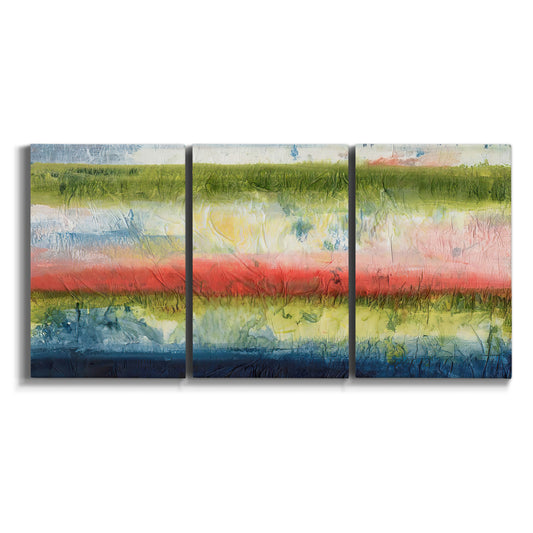 Three-panel canvas wall art featuring layered abstract color banding on white background.