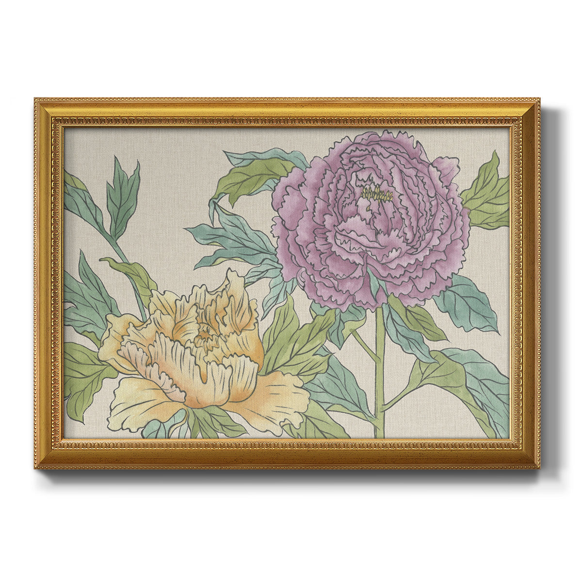 Contemporary peony flower illustration printed on canvas in an ornate antique gold frame.