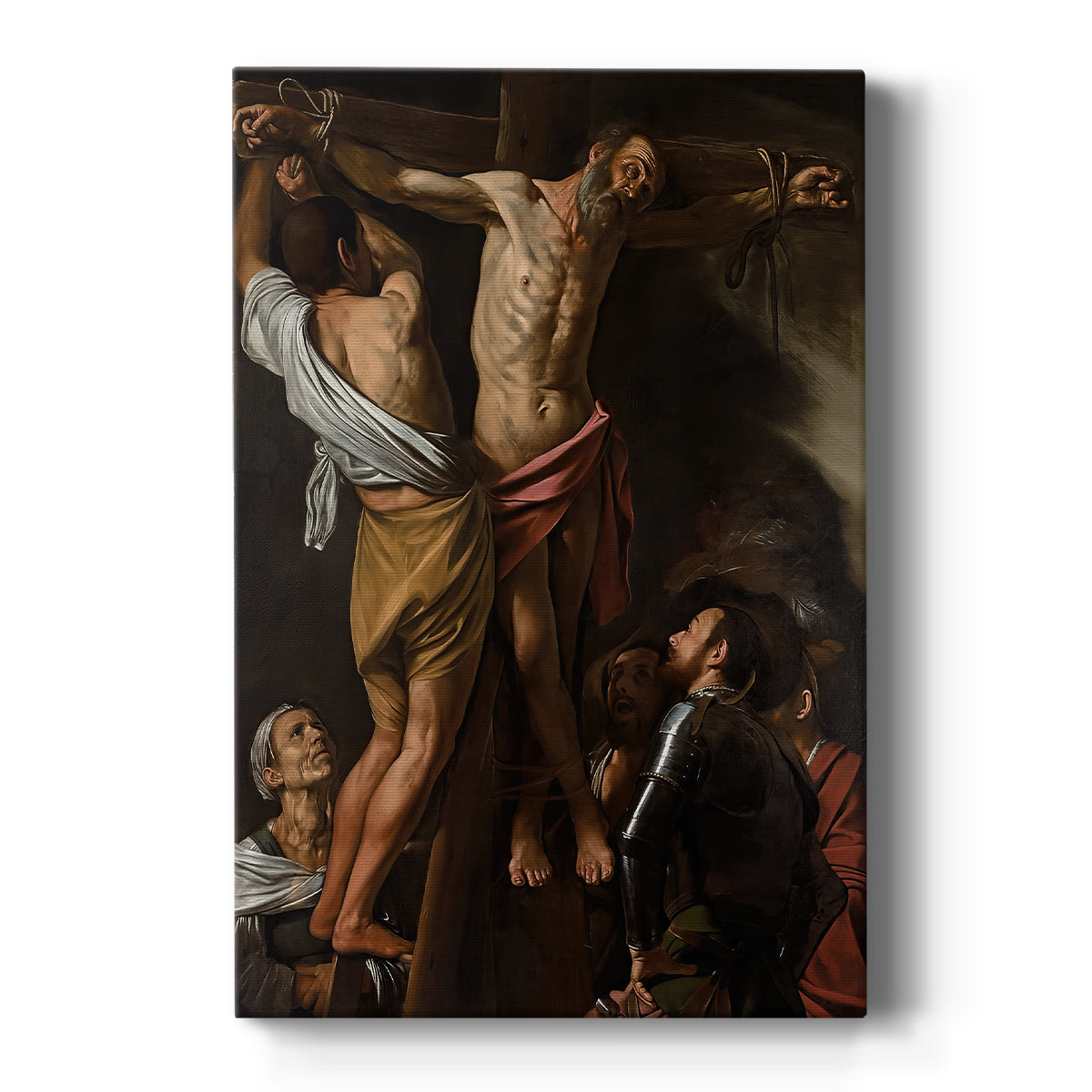 Canvas art print featuring a Baroque scene of Saint Andrew on a cross surrounded by figures on a clean white background.