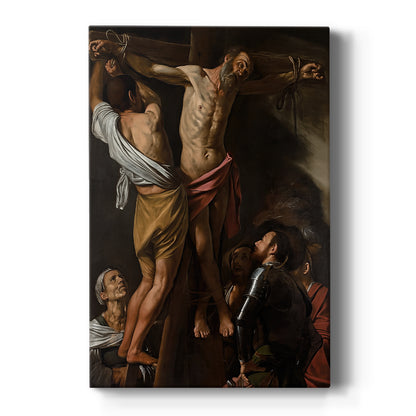 Canvas art print featuring a Baroque scene of Saint Andrew on a cross surrounded by figures on a clean white background.