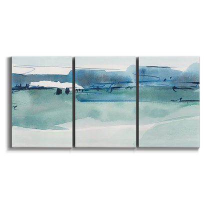 Three-panel canvas wall art featuring minimalist ultramarine abstract vista on white background.