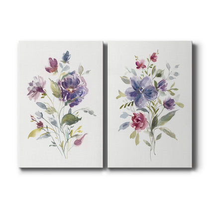 Set of two vertical canvas prints featuring vibrant multicolor floral botanical illustration, displayed side by side.