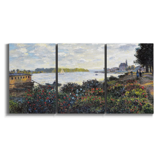 Three-panel canvas wall art featuring river with boats and shoreline on white background.