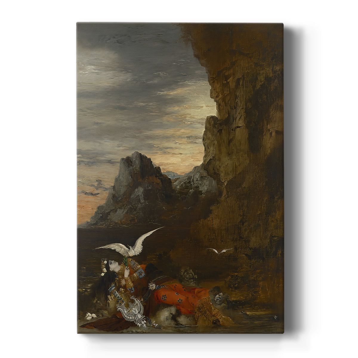 Canvas art print featuring a symbolic scene of a woman falling from a cliff in a dramatic landscape on a clean white background.