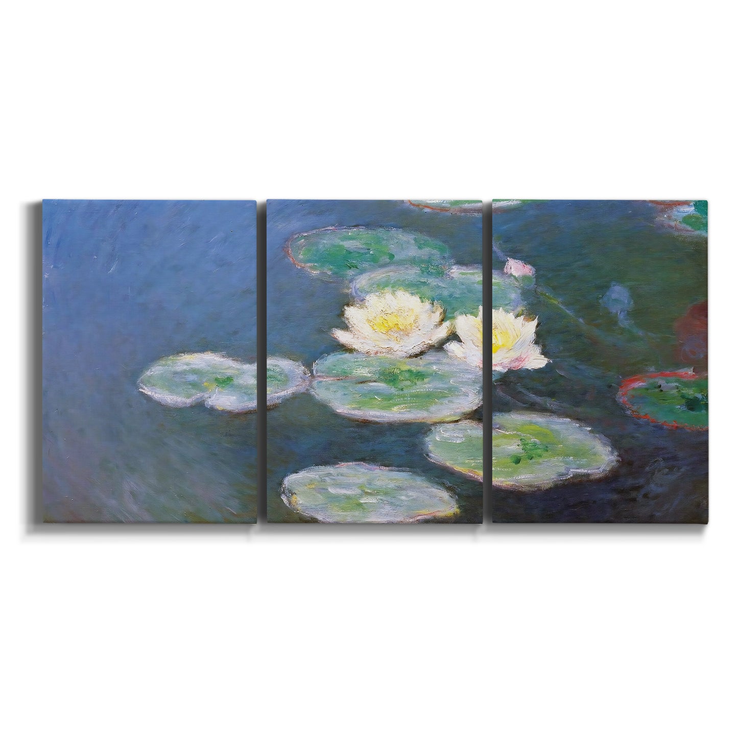 Three-panel canvas wall art featuring water lilies floating on pond on white background.