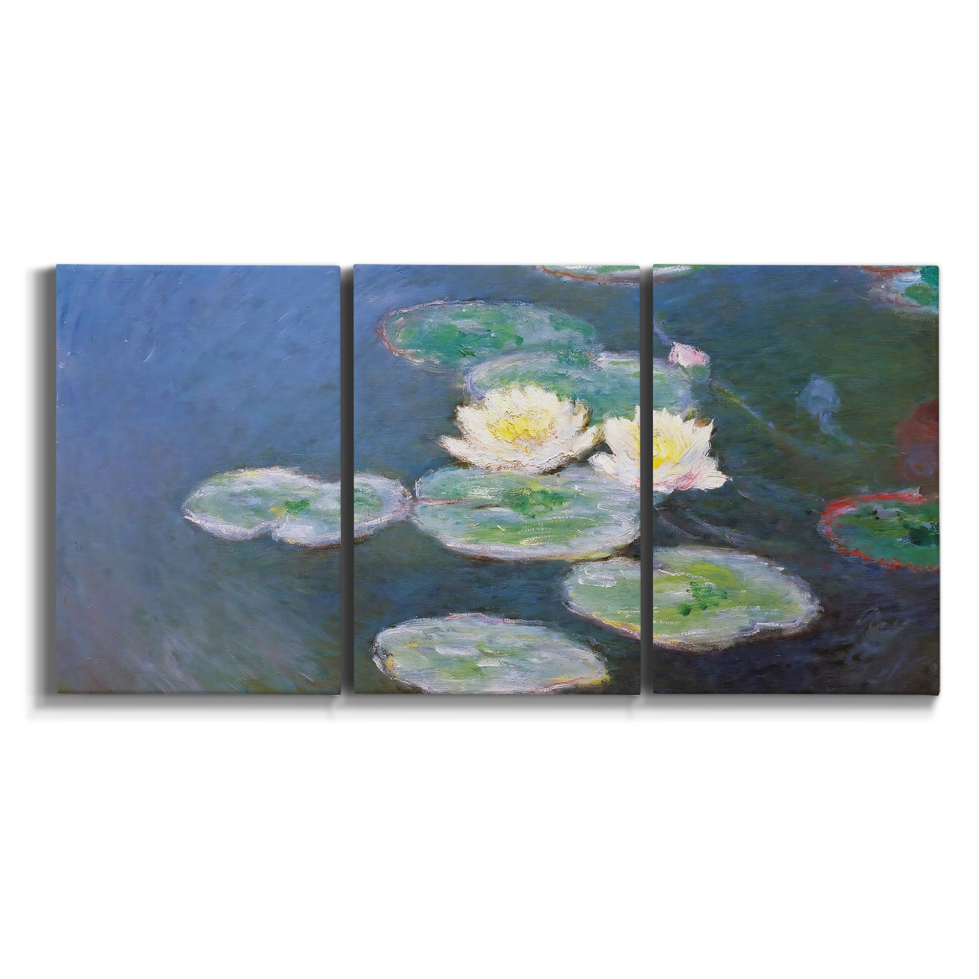 Three-panel canvas wall art featuring water lilies floating on pond on white background.