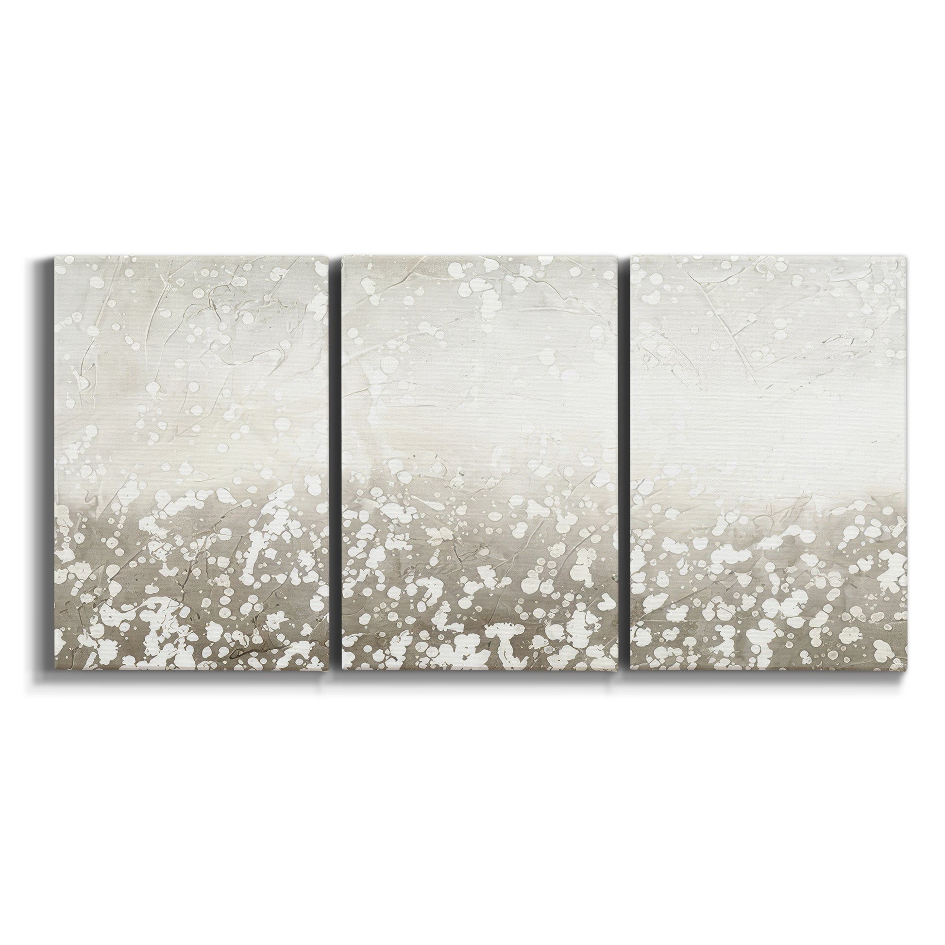 Three-panel canvas wall art featuring dark textured abstract mist on white background.