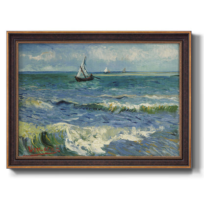 Impressionist coastal seascape by Vincent van Gogh printed on canvas in an ornate bronzed mahogany wood frame.
