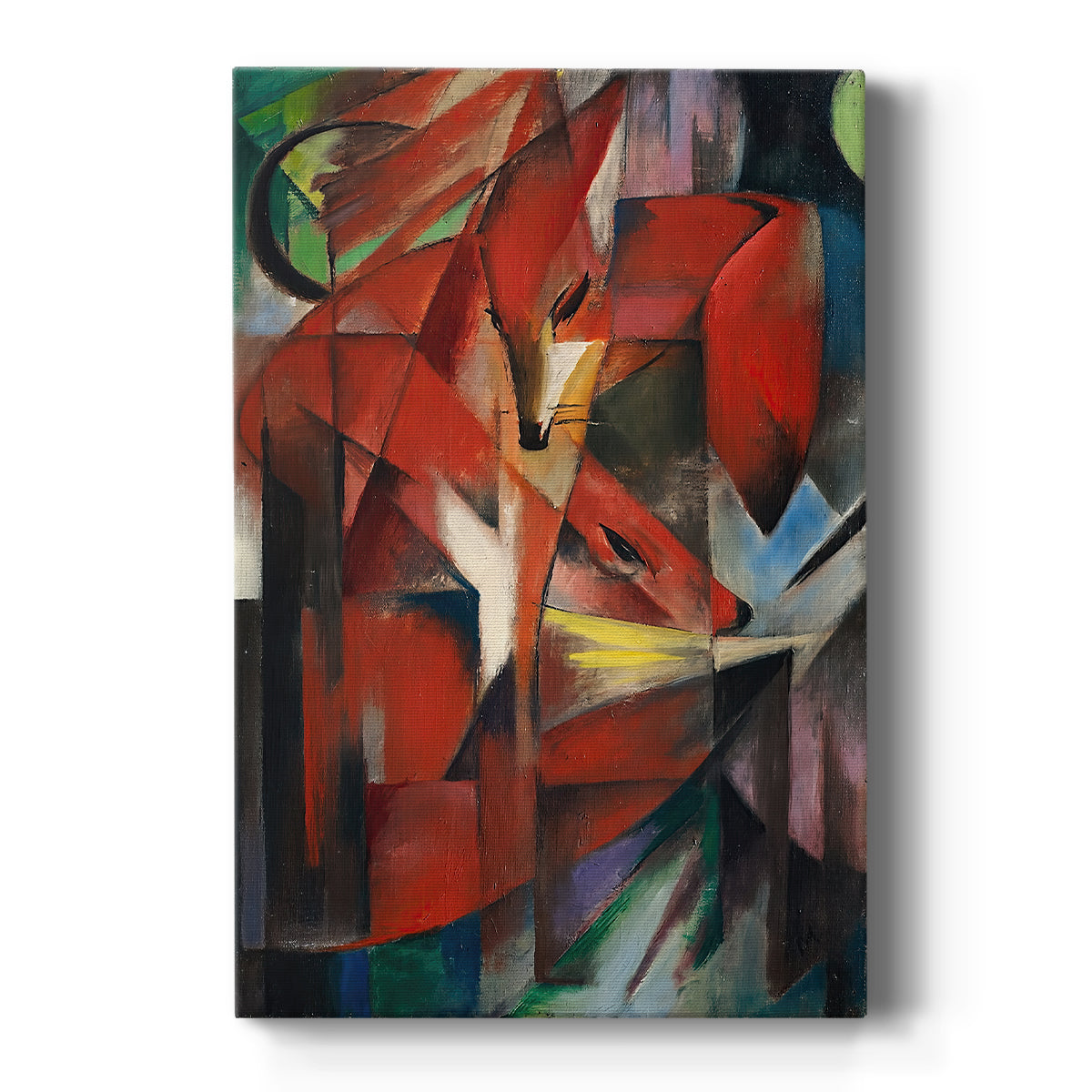 Canvas art print featuring an expressionist composition of foxes with sharp geometric forms and vivid color on a clean white background.