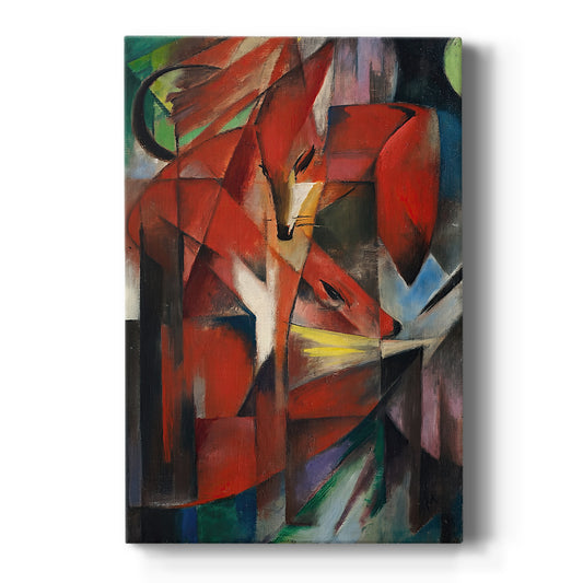 Canvas art print featuring an expressionist composition of foxes with sharp geometric forms and vivid color on a clean white background.