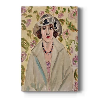 Canvas art print featuring a fauvist portrait of a woman wearing a white hat with soft features on a clean white background.