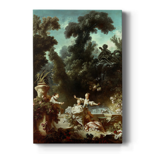 Canvas art print featuring a Rococo garden scene of a man with a rose running after a woman on a clean white background.