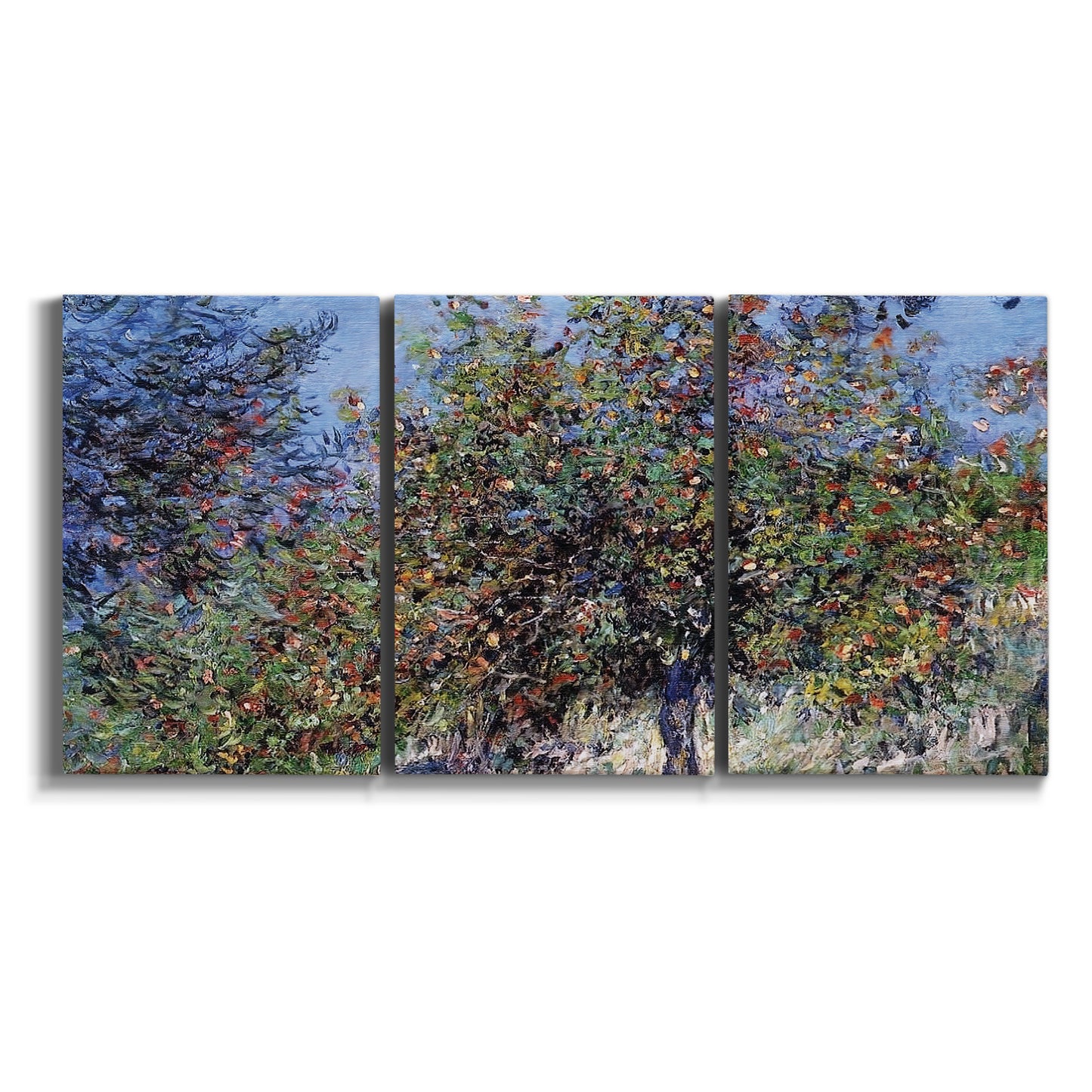 Three-panel canvas wall art featuring orchard of trees in spring bloom on white background.