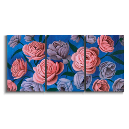 Three-panel canvas wall art featuring layered botanical petal abstractions on white background.