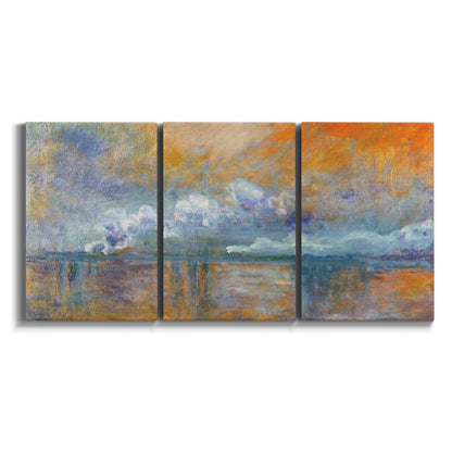 Three-panel canvas wall art featuring bridge shrouded in fog and smoke on white background.
