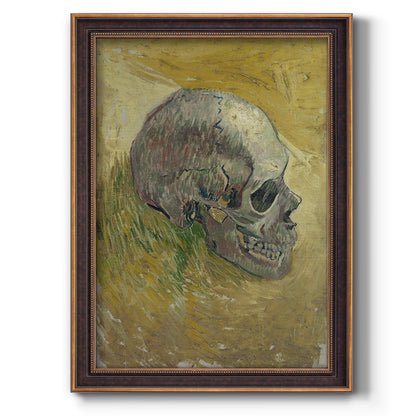 Profile skull study artwork by Vincent van Gogh printed on canvas in an ornate weathered white frame with a vertical orientation.
