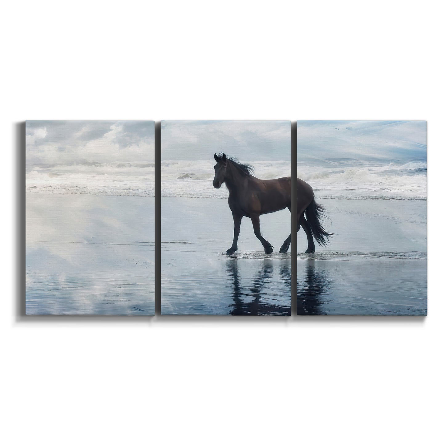 Three-panel canvas wall art featuring running horses captured mid stride on white background.
