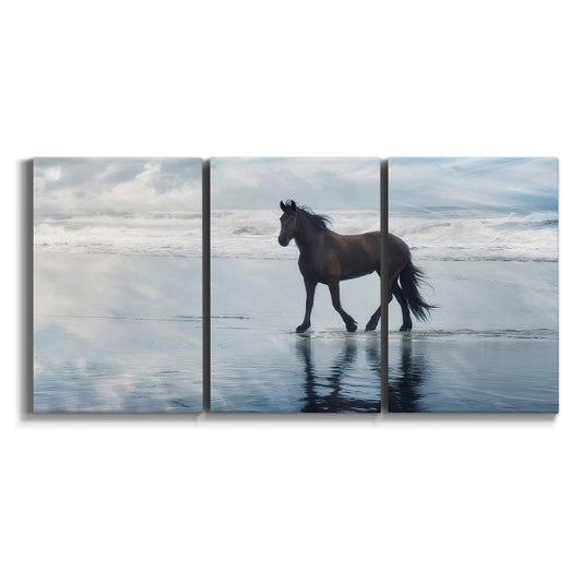 Three-panel canvas wall art featuring running horses captured mid stride on white background.