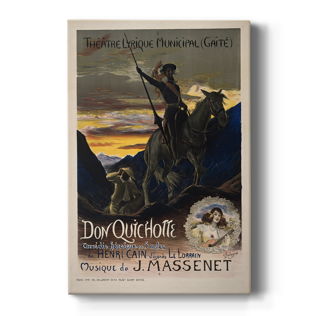 Canvas art print featuring an Art Nouveau poster of a mounted figure with bold lines and decorative text on a clean white background.