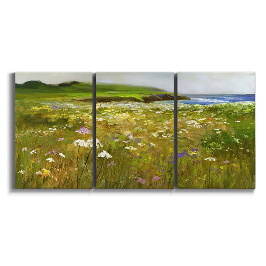 Three-panel canvas wall art featuring rugged coastal cliff landscape on white background.