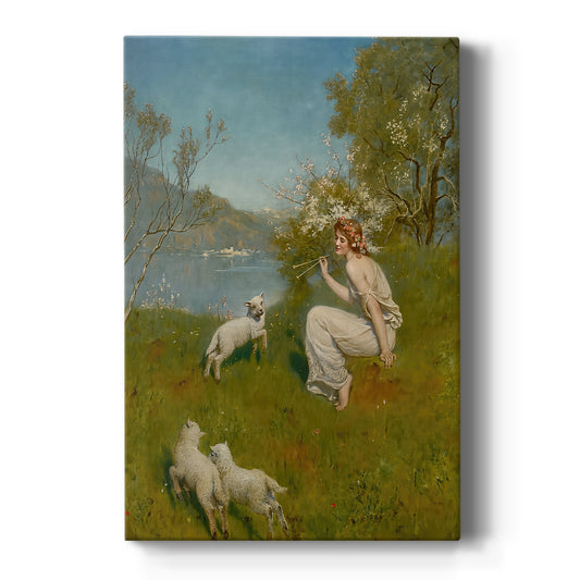 Canvas art print featuring a woodland scene of a young woman relaxing in a field with lambs on a clean white background.