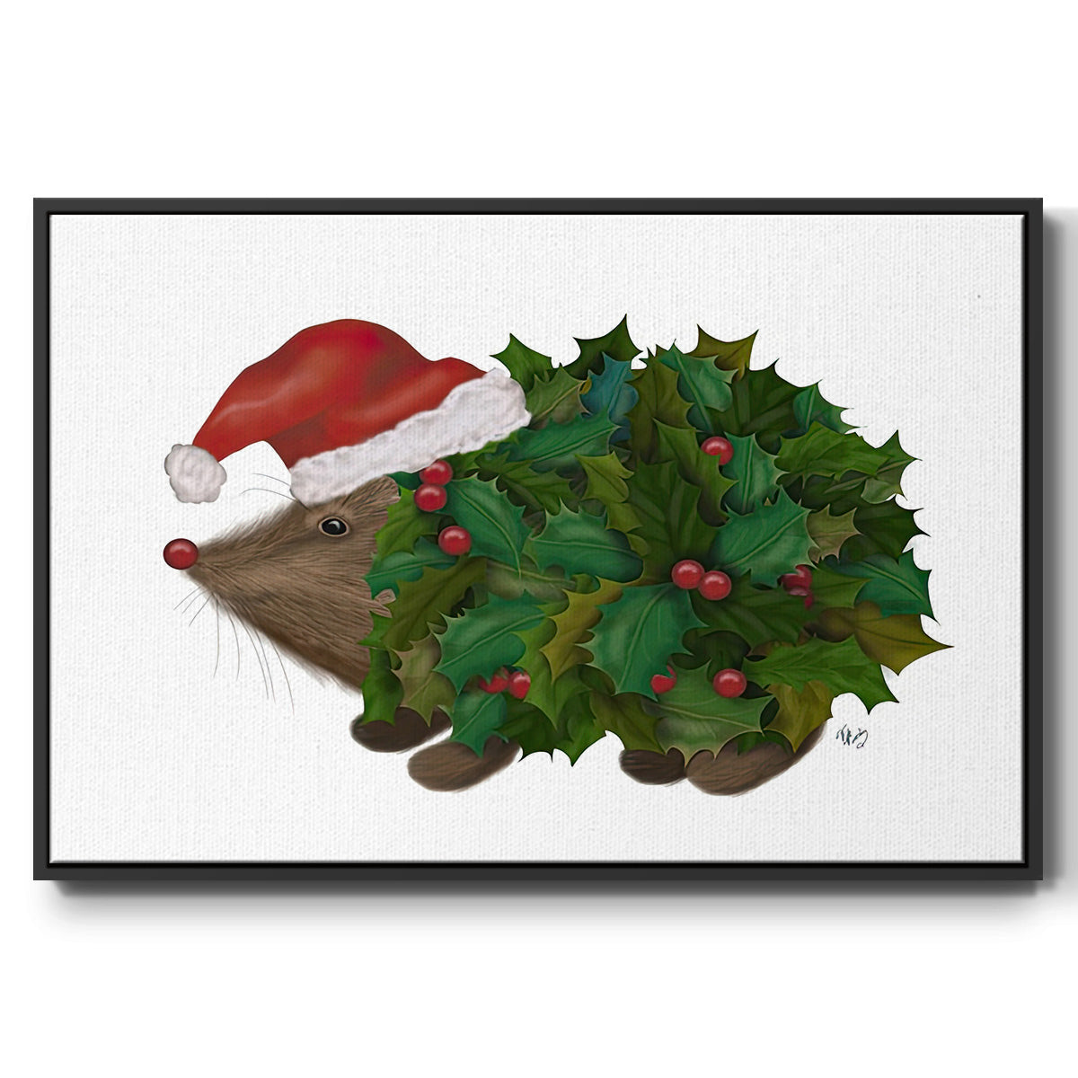 Christmas Holly Hedgehog - Framed Gallery Wrapped Canvas in Floating Frame