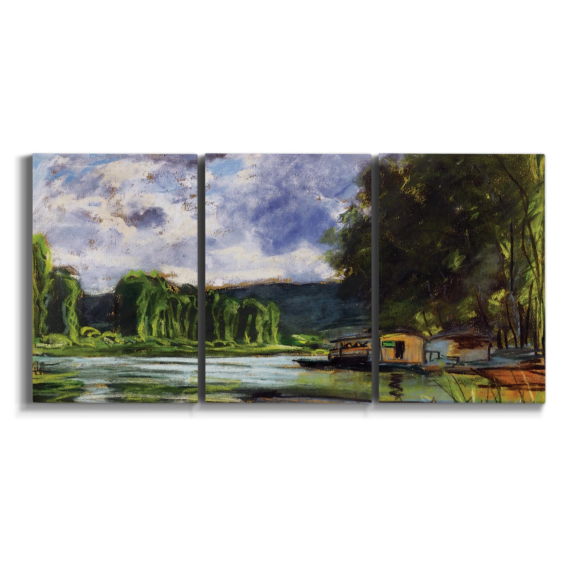 Three-panel canvas wall art featuring riverbank landscape near village on white background.