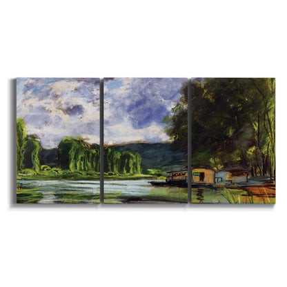Three-panel canvas wall art featuring riverbank landscape near village on white background.