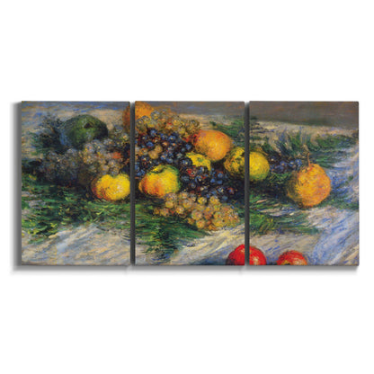 Three-panel canvas wall art featuring still life with pears and grapes on white background.