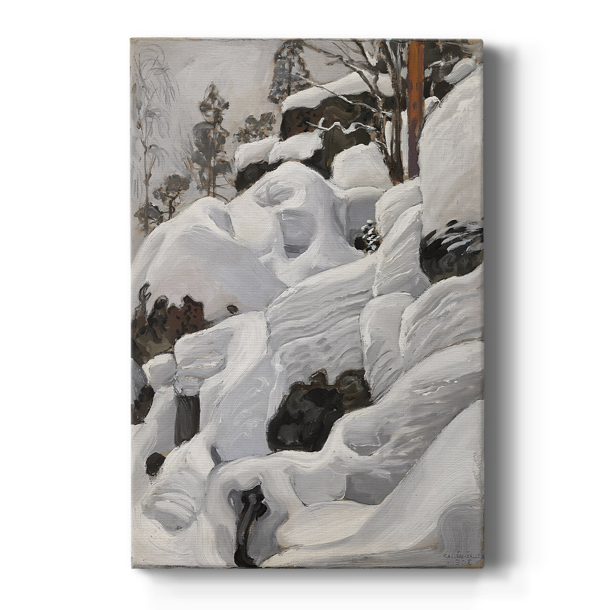 Canvas art print featuring a snowy wilderness with rocks and trees forming a hidden animal den on a clean white background.