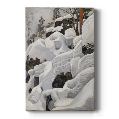 Canvas art print featuring a snowy wilderness with rocks and trees forming a hidden animal den on a clean white background.