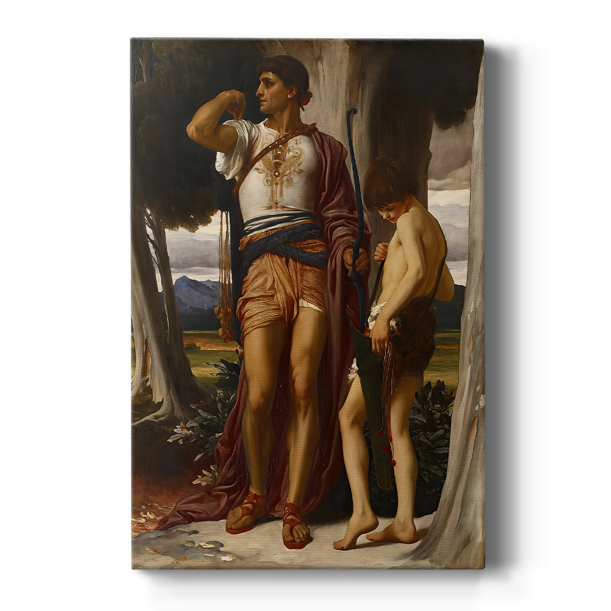 Canvas art print featuring a classical scene of two figures exchanging an object in a quiet moment on a clean white background.