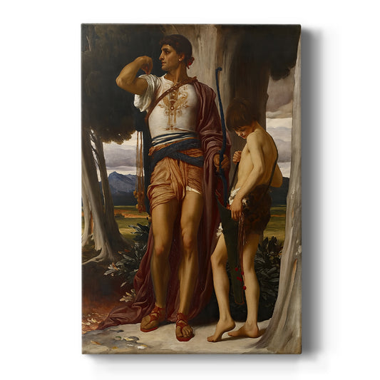 Canvas art print featuring a classical scene of two figures exchanging an object in a quiet moment on a clean white background.
