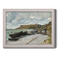 Impressionist coastal seaside scene by Claude Monet printed on canvas in an ornate weathered white frame.