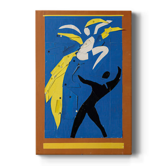 Canvas art print featuring an abstract composition of two dancing figures in bold geometric forms on a clean white background.