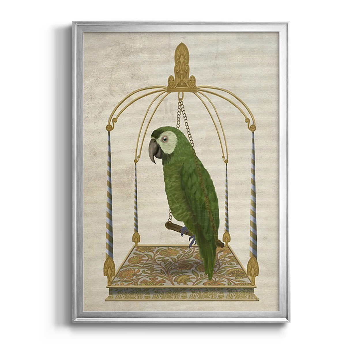 Green Parrot on Swing - Modern Framed Canvas Print